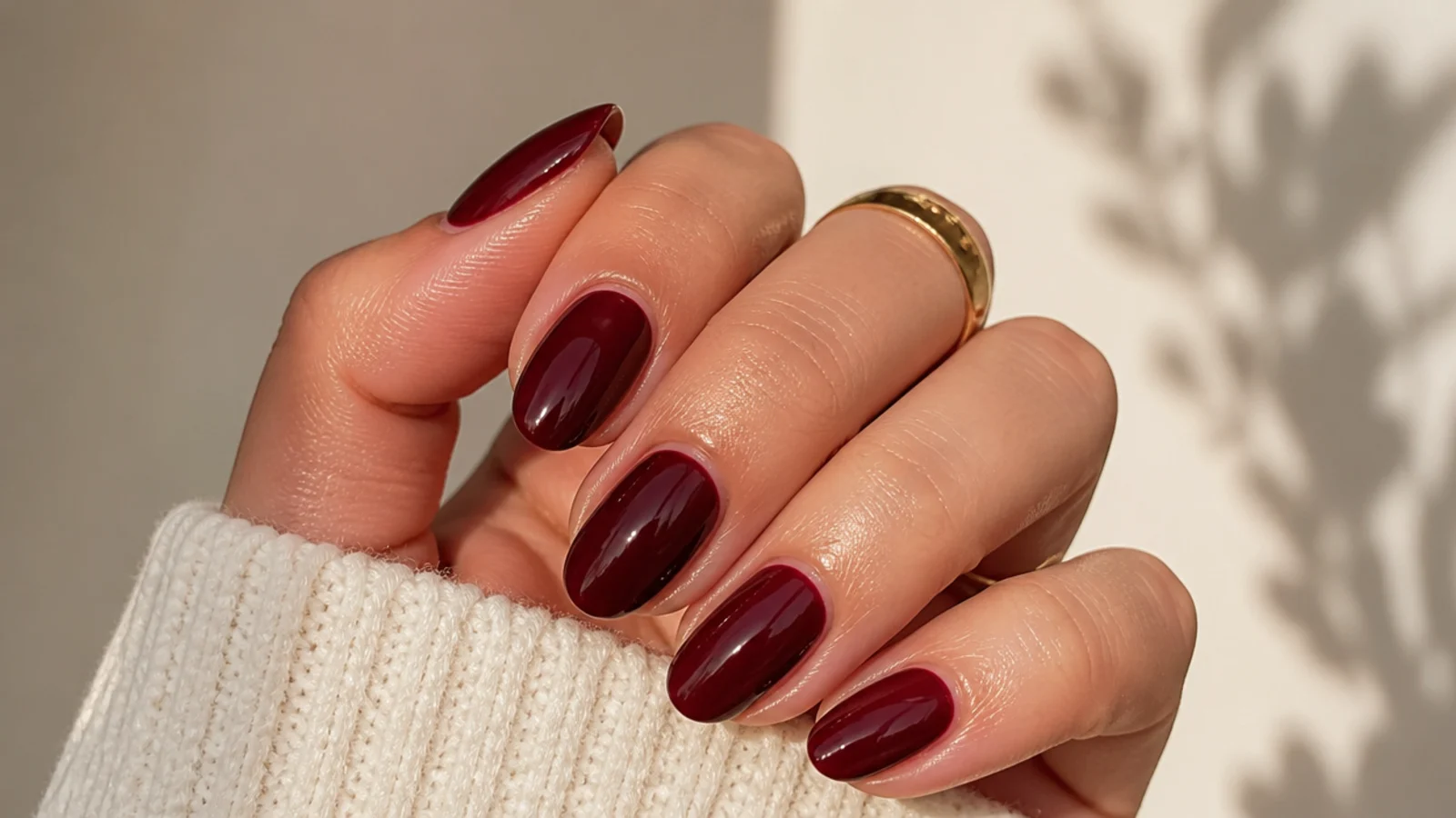 Deep chocolate cherry red short almond nails with a glossy finish