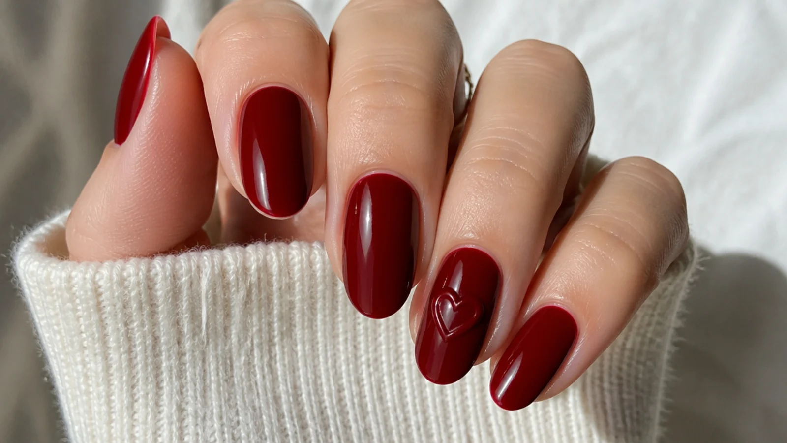 Deep cherry red nails with a subtle raised 3D heart accent