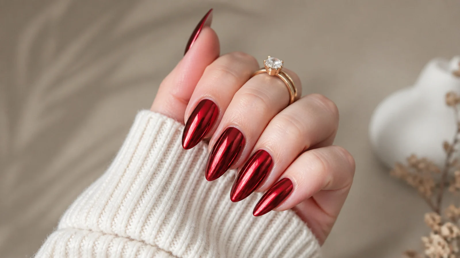 Deep red chrome almond nails with a mirror-metallic sheen