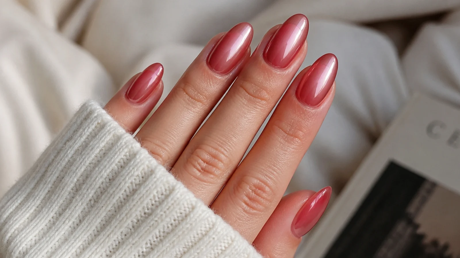 Sheer red nails with a pearly glazed chrome shimmer on almond tips