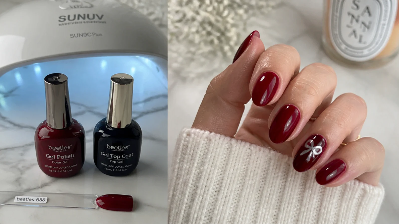 Deep red gel polish, lamp and top coat laid out for an at-home manicure