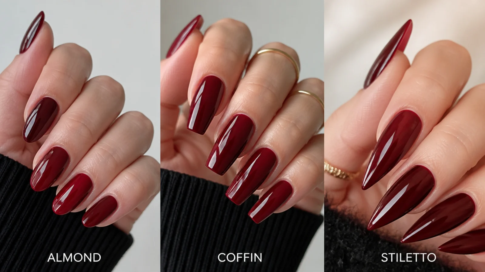 Almond, coffin and stiletto nail shapes shown in deep red