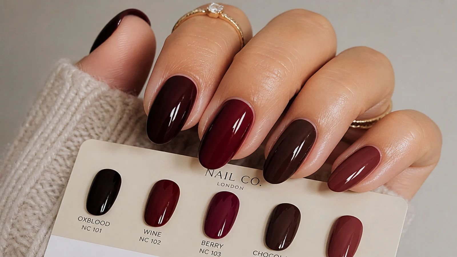 Swatches of oxblood, wine, berry, chocolate and mauve red nail colors