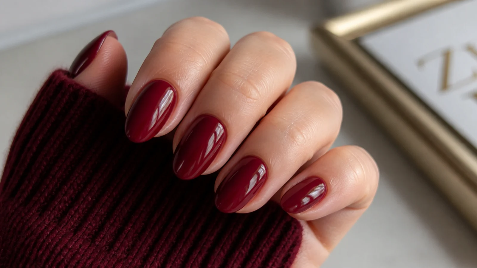 Deep warm-toned red nails with glossy finish showing the dark feminine aesthetic