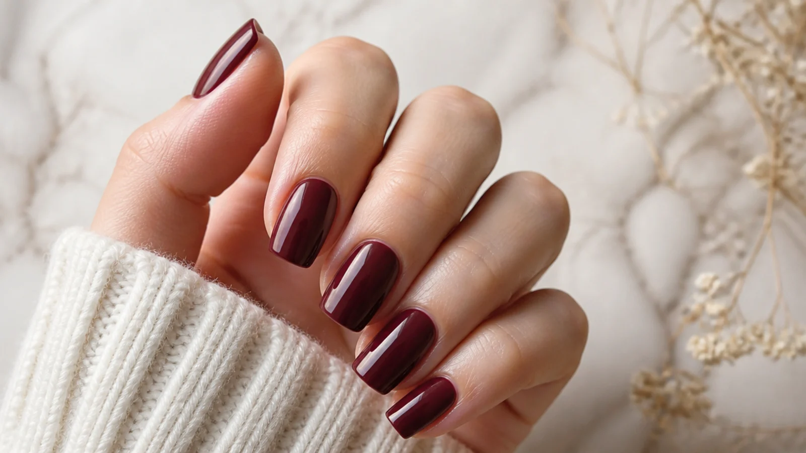 Deep berry wine square nails with a smooth cream gel finish