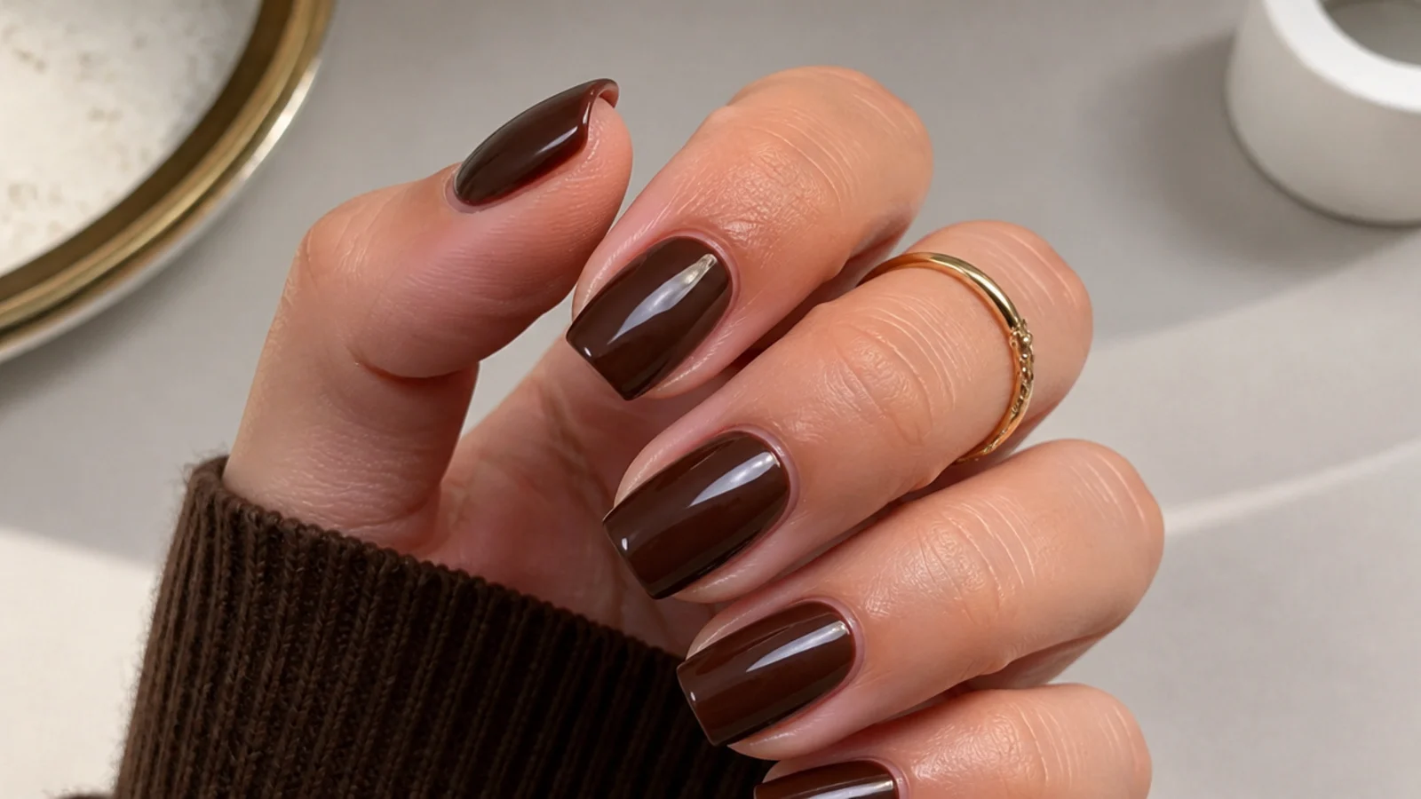 Rich chocolate brown square nails with a glossy finish