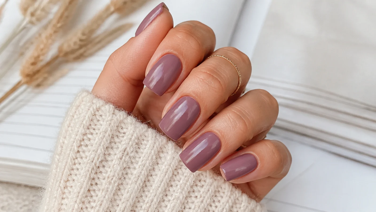 Dusty moody mauve square nails with a soft glossy finish