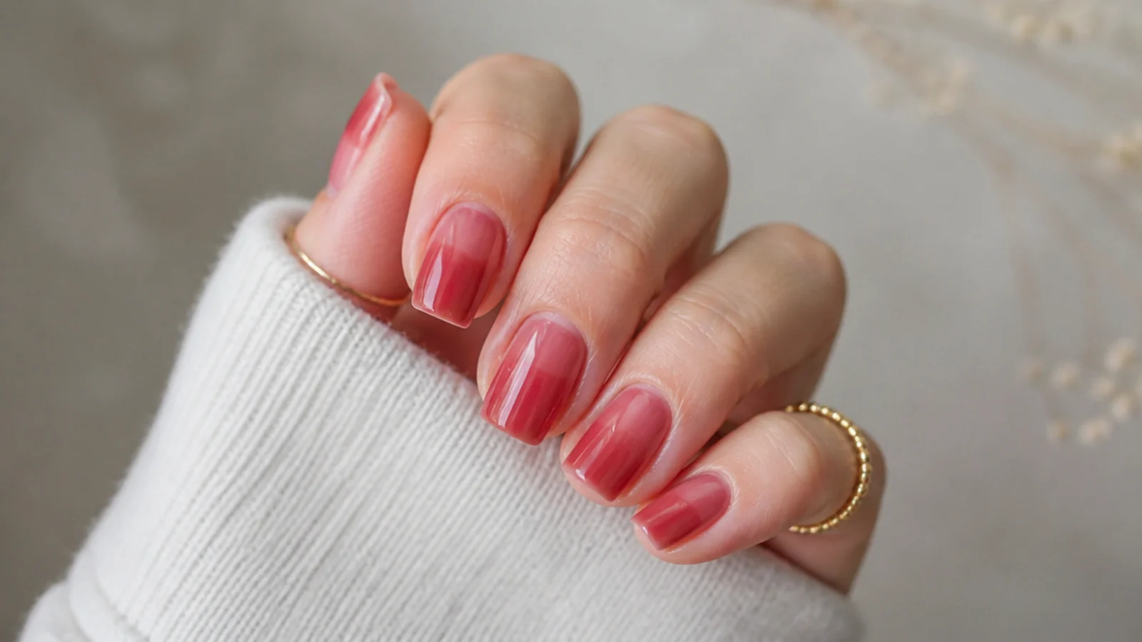 Sheer warm red wash square nails showing natural nail through the color