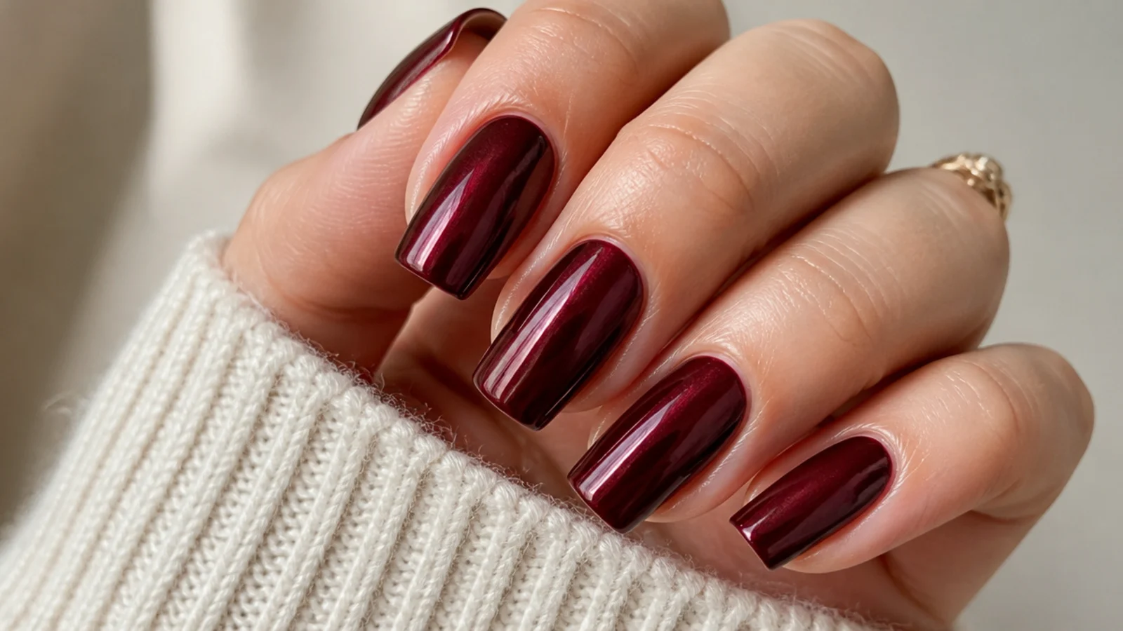 Deep wine square nails with a metallic chrome sheen