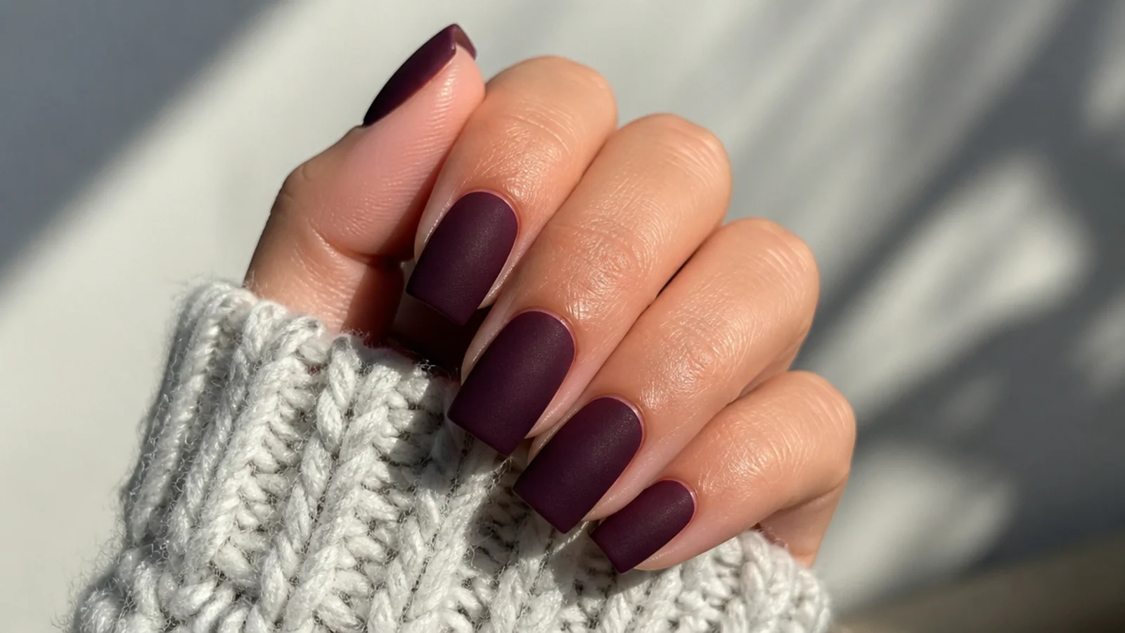 Deep plum square nails with a soft matte velvet finish
