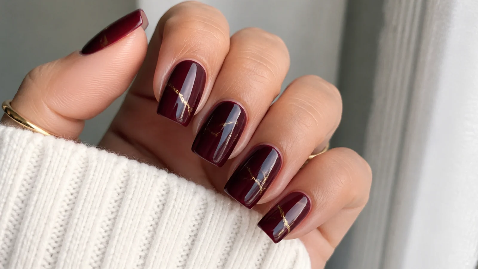 Oxblood square nails with a thin gold foil line accent