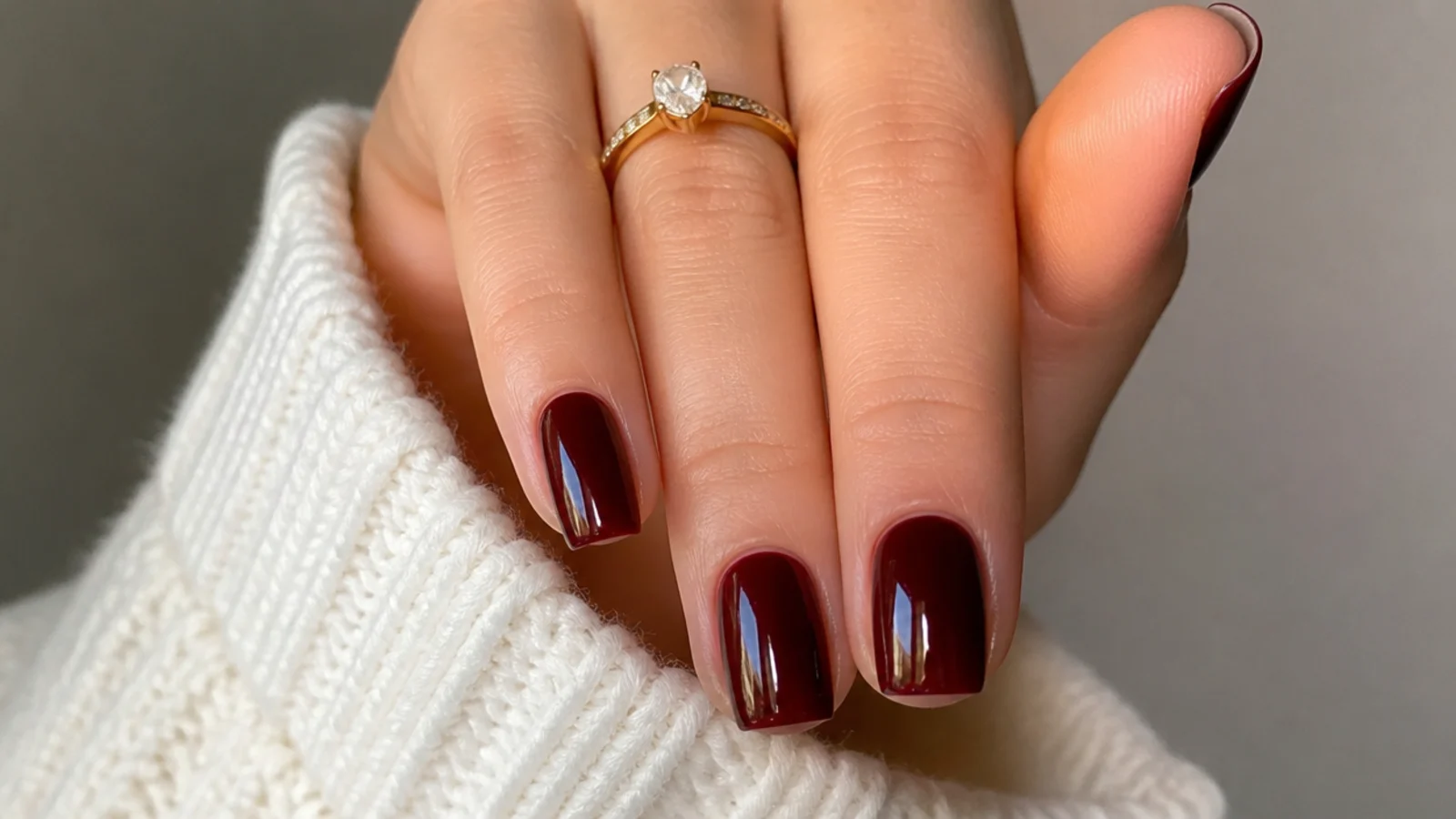 Almost-black cherry red square nails with a glossy finish