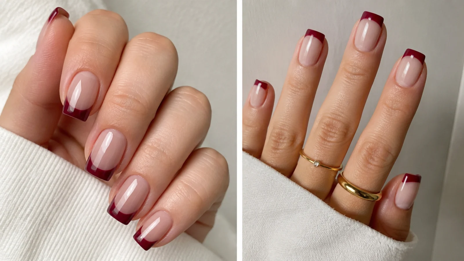 Sheer nude square nails with deep berry French tip edges