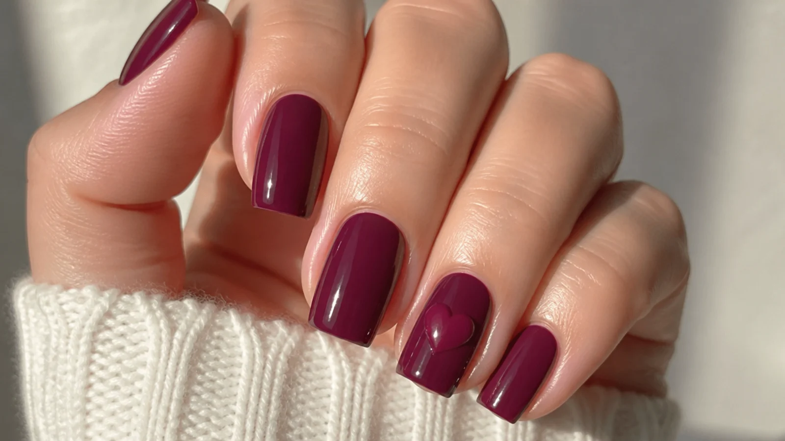 Deep berry square nails with a small raised 3D gel heart accent