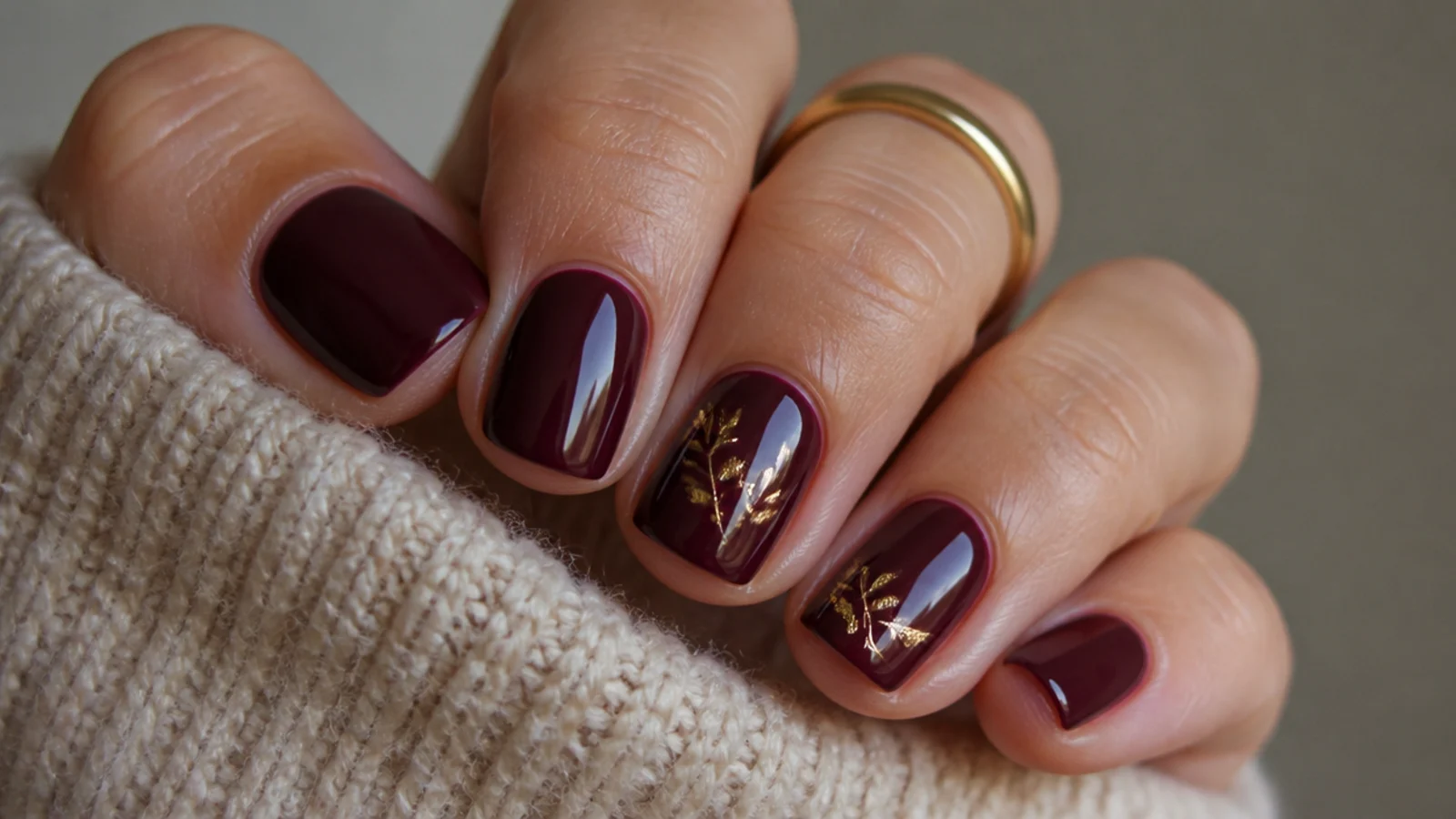 Short deep berry square nails on a neat, practical length