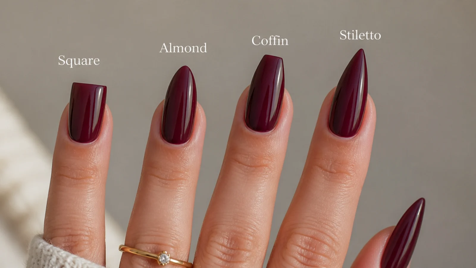Square, almond, coffin and stiletto nails compared in a dark berry shade