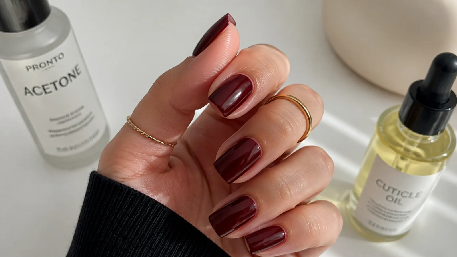 A well-sealed oxblood square manicure with cuticle oil and acetone for removal
