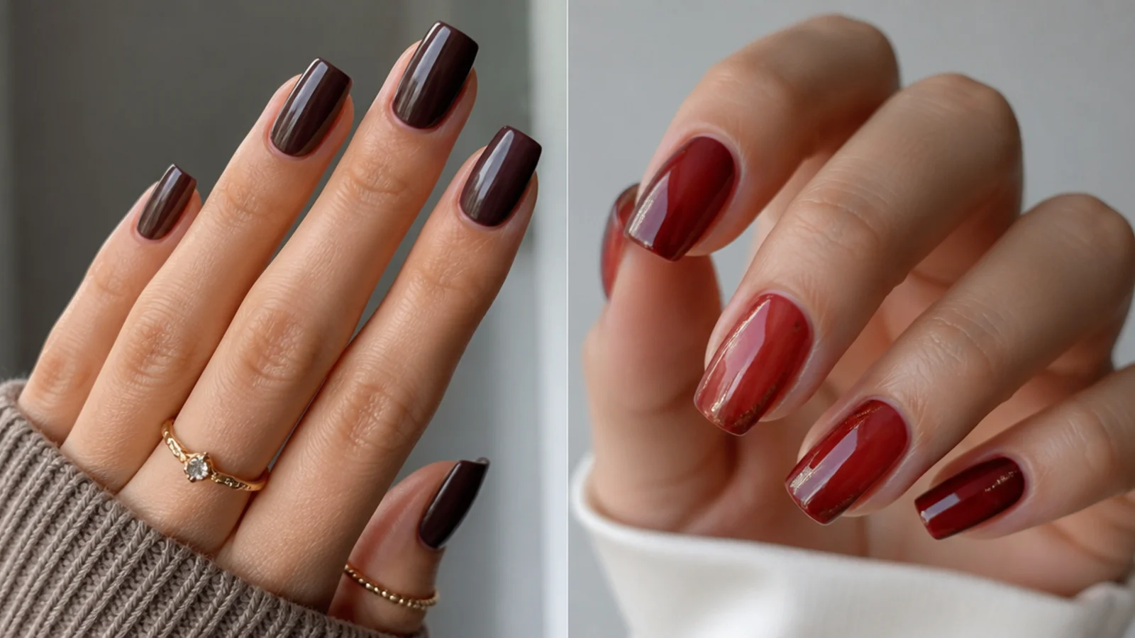 Chocolate brown square nails beside a sheer red set for office and evening