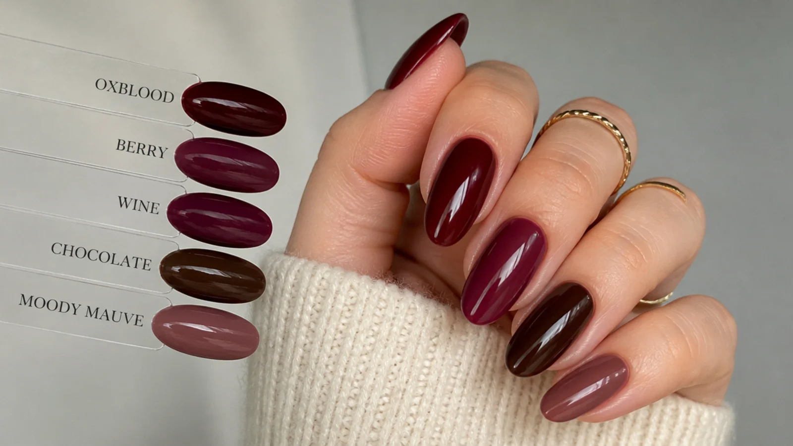 Swatches of oxblood, berry, wine, chocolate and moody mauve gel colors