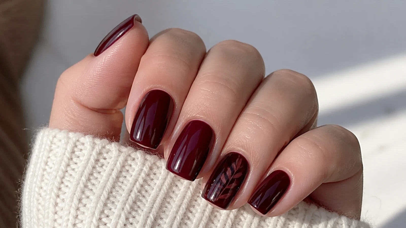 Warm-toned deep berry and oxblood square nails styled to look elegant