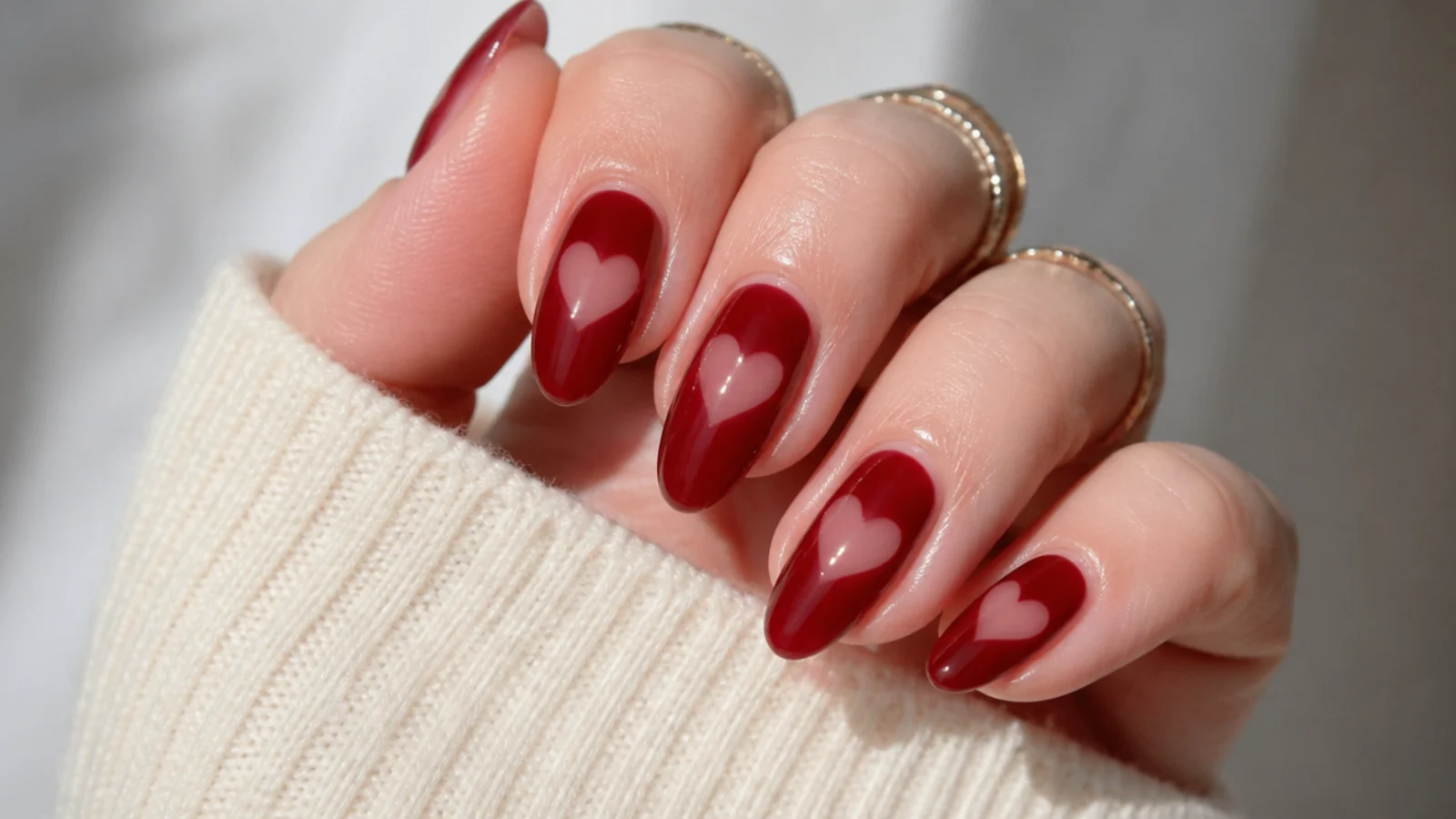 Sheer warm red nails with a negative-space heart cutout on almond nails