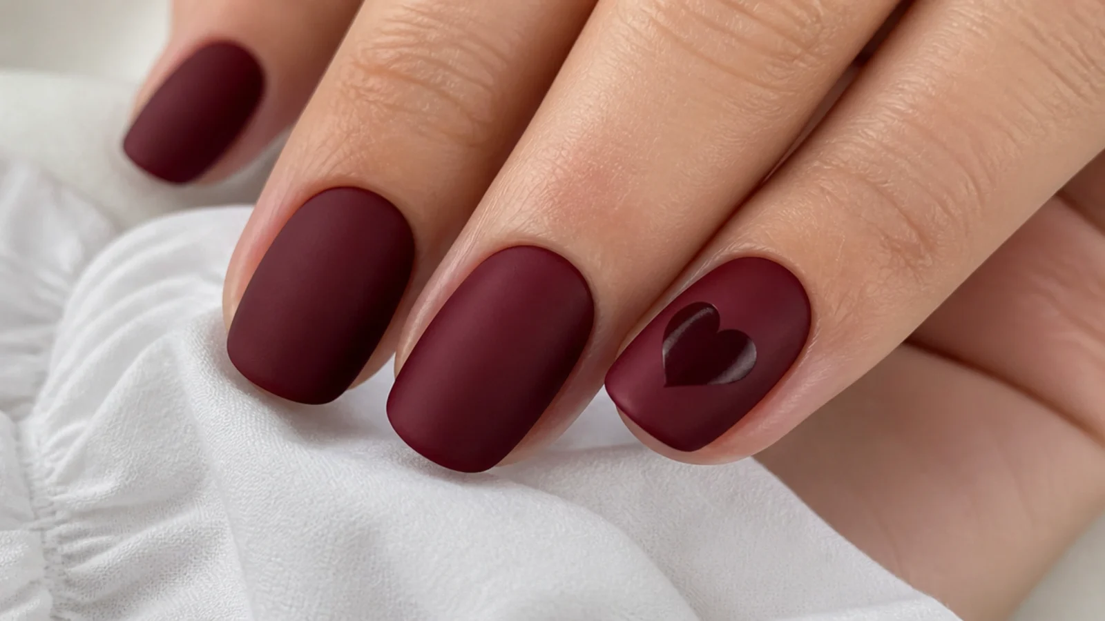 Matte oxblood nails with a single glossy heart shape catching the light