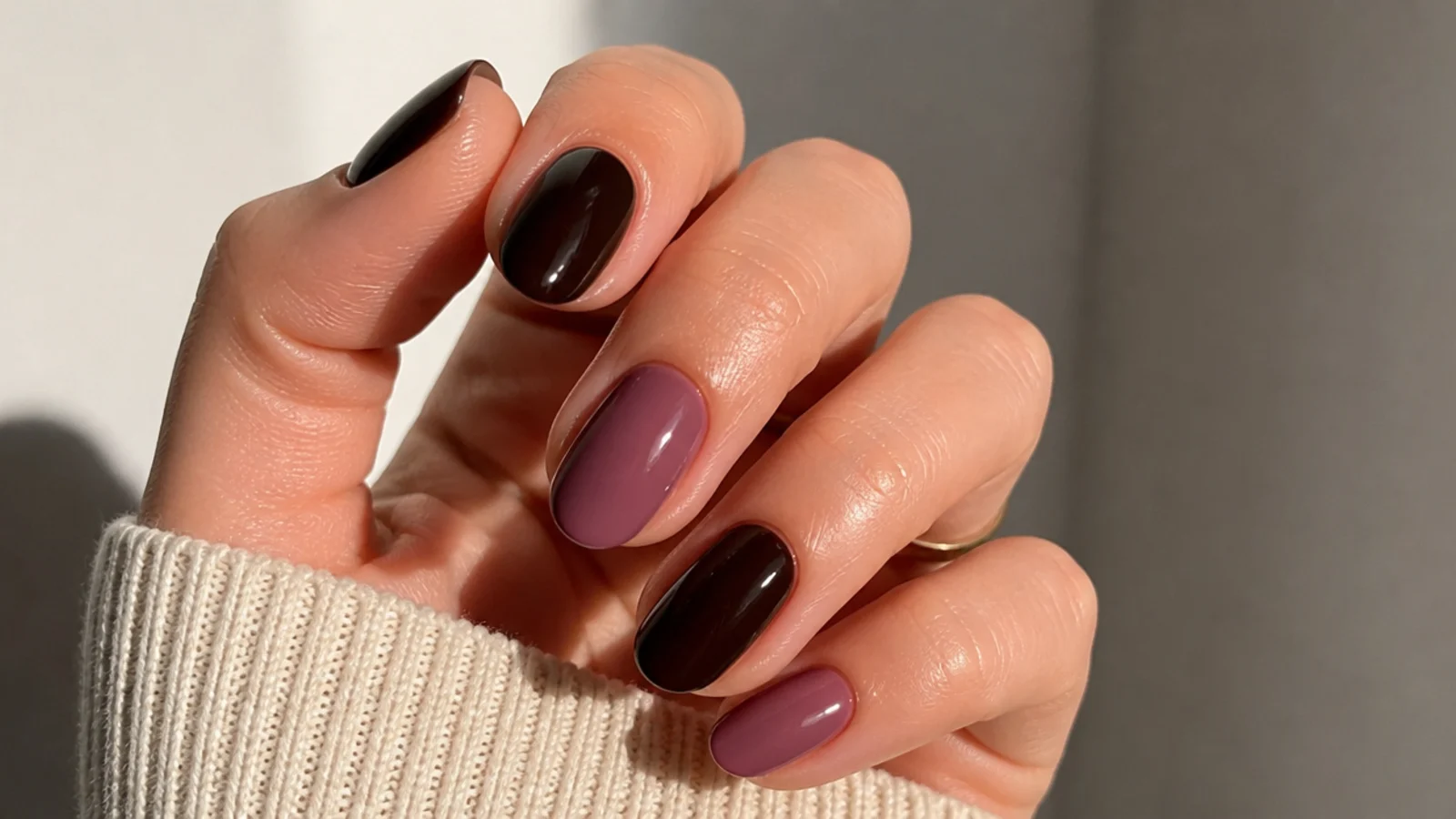Nails alternating deep espresso brown and moody mauve across the hand