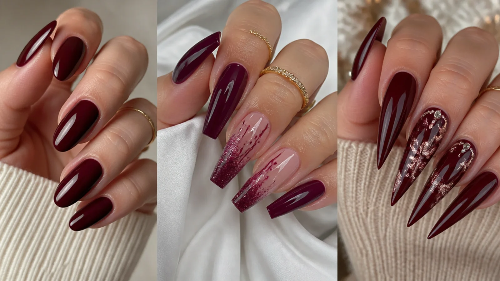 Almond, coffin and stiletto nails in deep berry showing dark feminine shapes