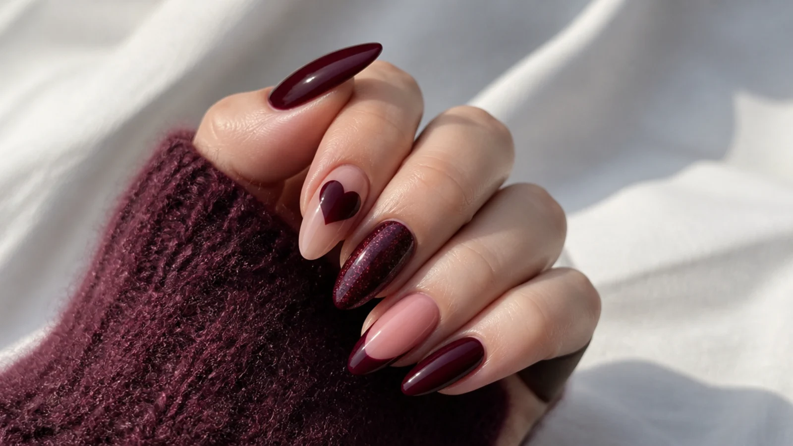 Sultry dark feminine valentines nails in deep berry and oxblood on an almond shape