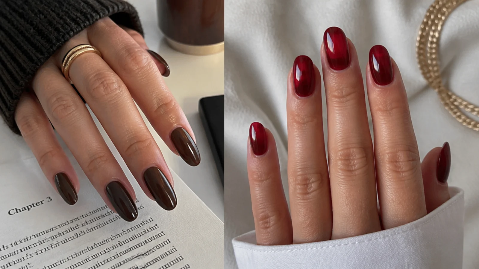 One hand in chocolate brown and one in sheer red showing office to date night