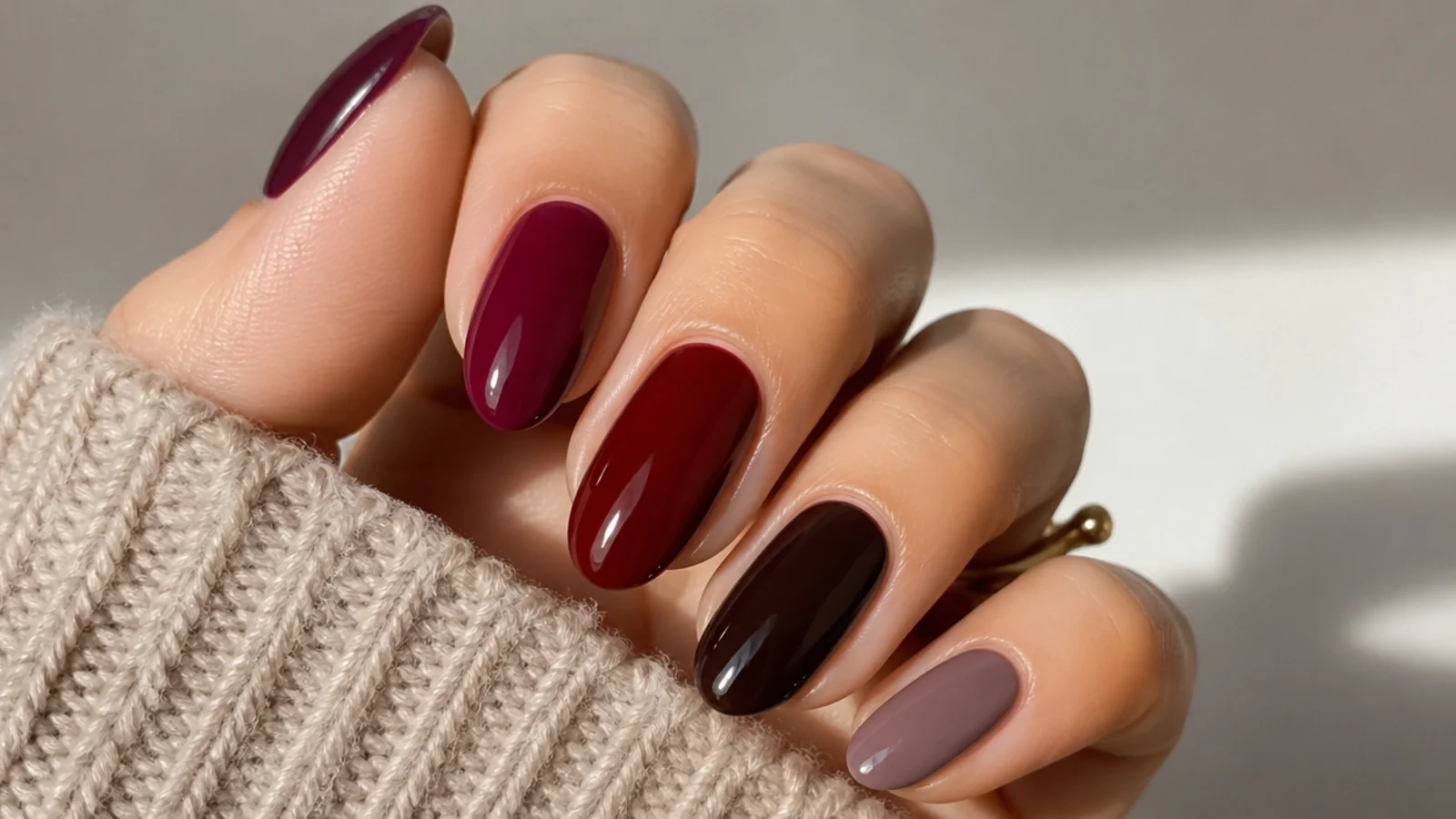 Swatches of berry, wine, oxblood, chocolate and mauve dark feminine nail shades