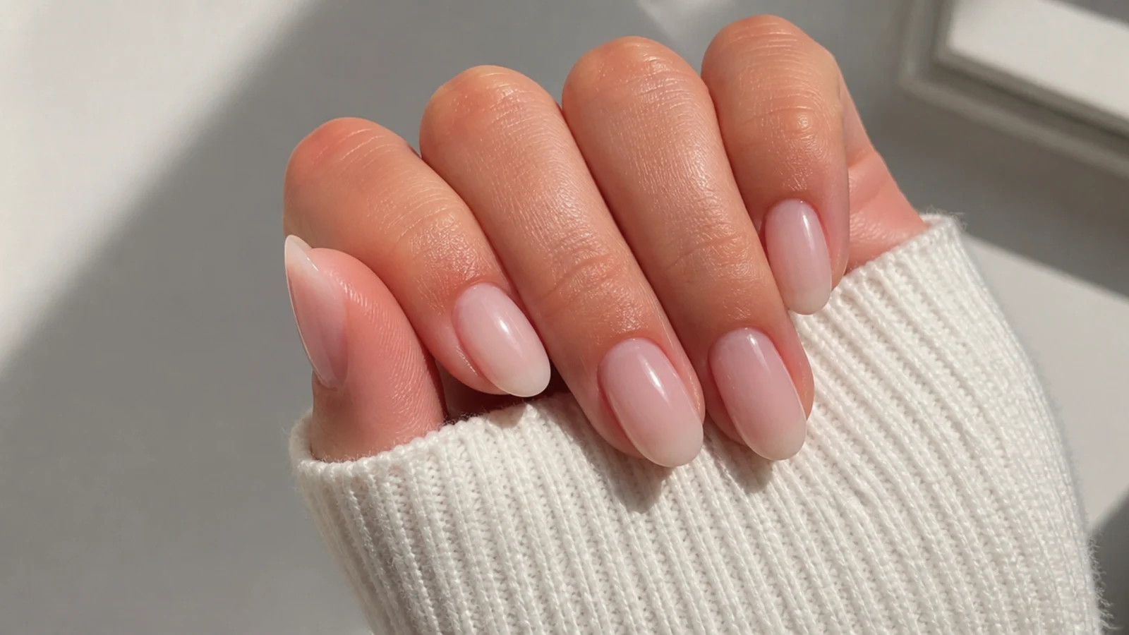 Sheer milky pink clean girl nails on a short almond shape