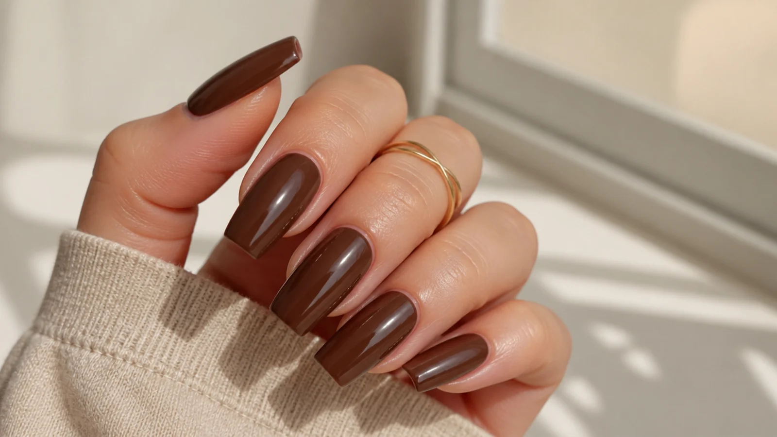 Glossy chocolate brown coffin nails with a rich warm tone