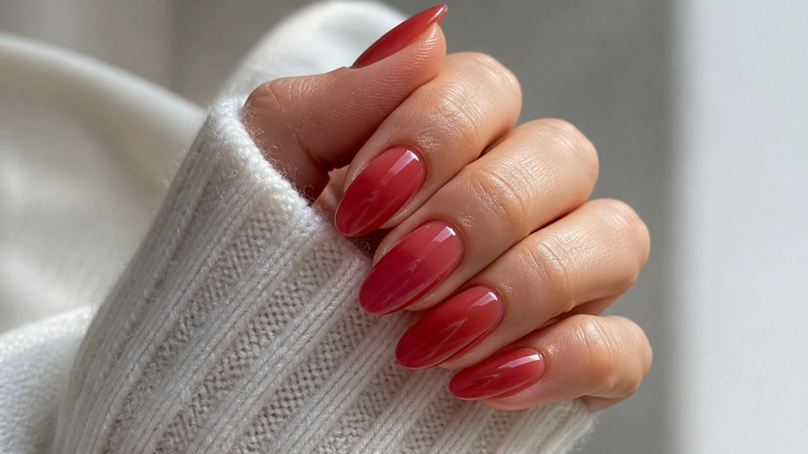 Sheer warm red almond nails with a soft translucent wash
