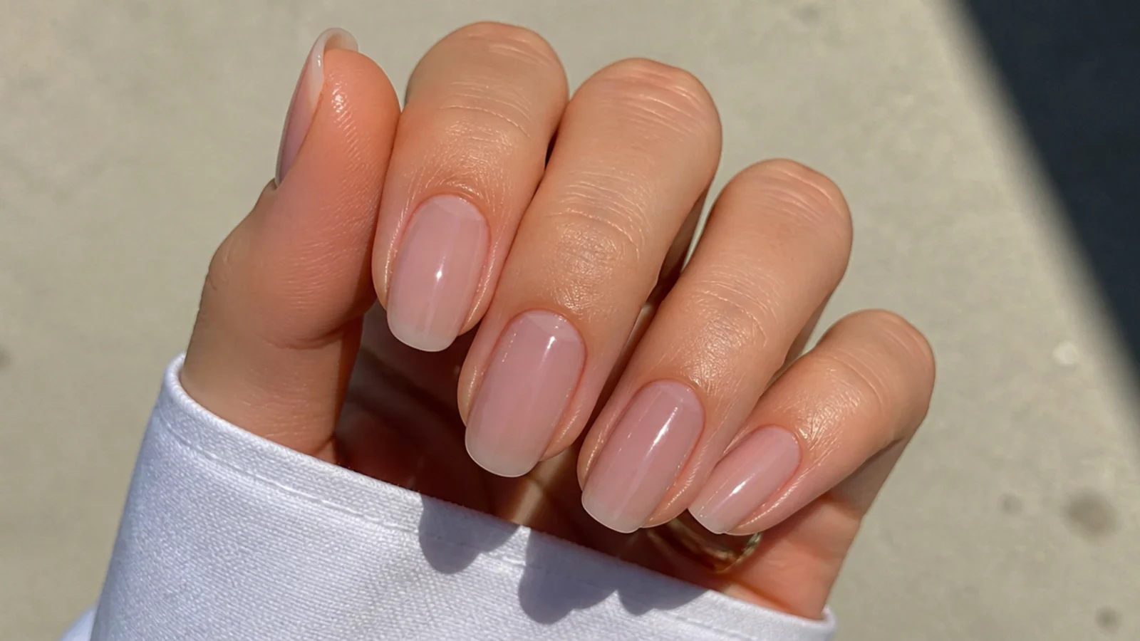 High-shine sheer nude clean girl nails that look like glass