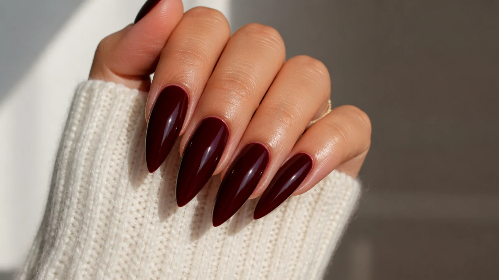 Dark black cherry stiletto nails with a glossy warm finish