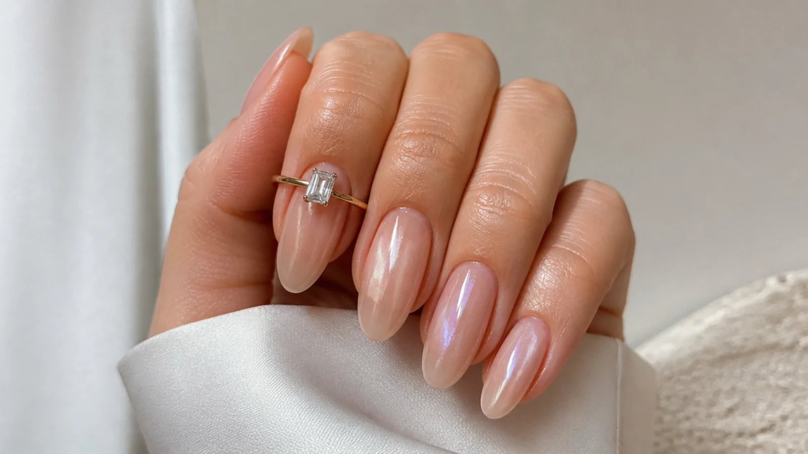 Sheer glazed neutral clean girl nails on a natural almond shape