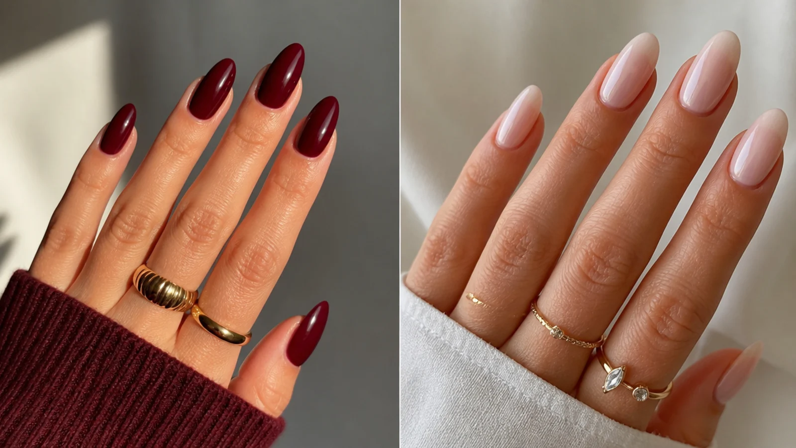 Deep berry almond nails beside milky nude clean girl nails for a side-by-side comparison