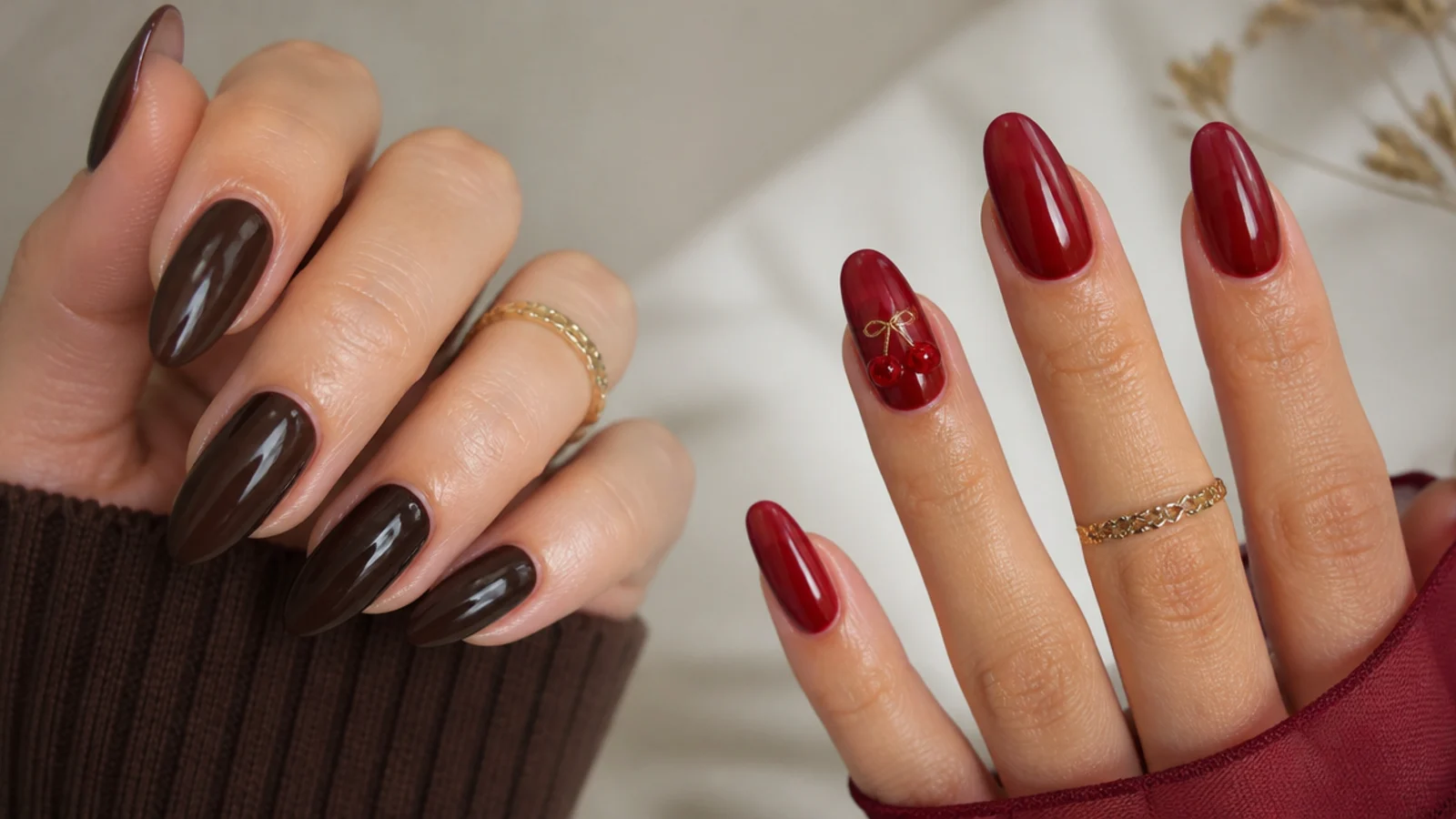 Deep chocolate office nails next to sheer red date-night nails