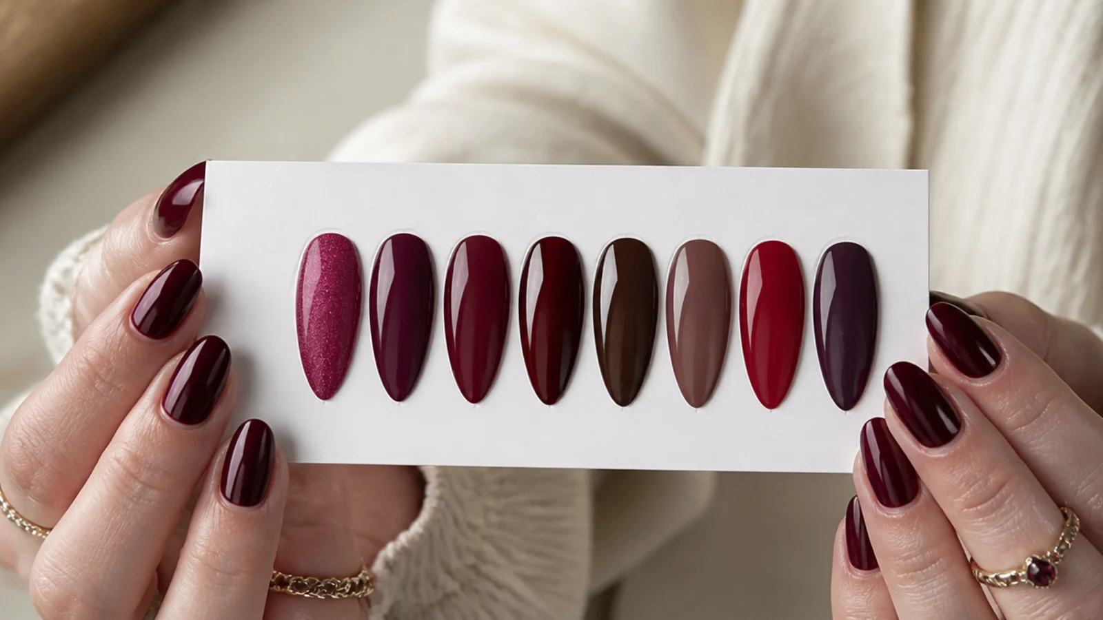 Swatches of berry, wine, oxblood, chocolate, sheer red and mauve dark feminine shades