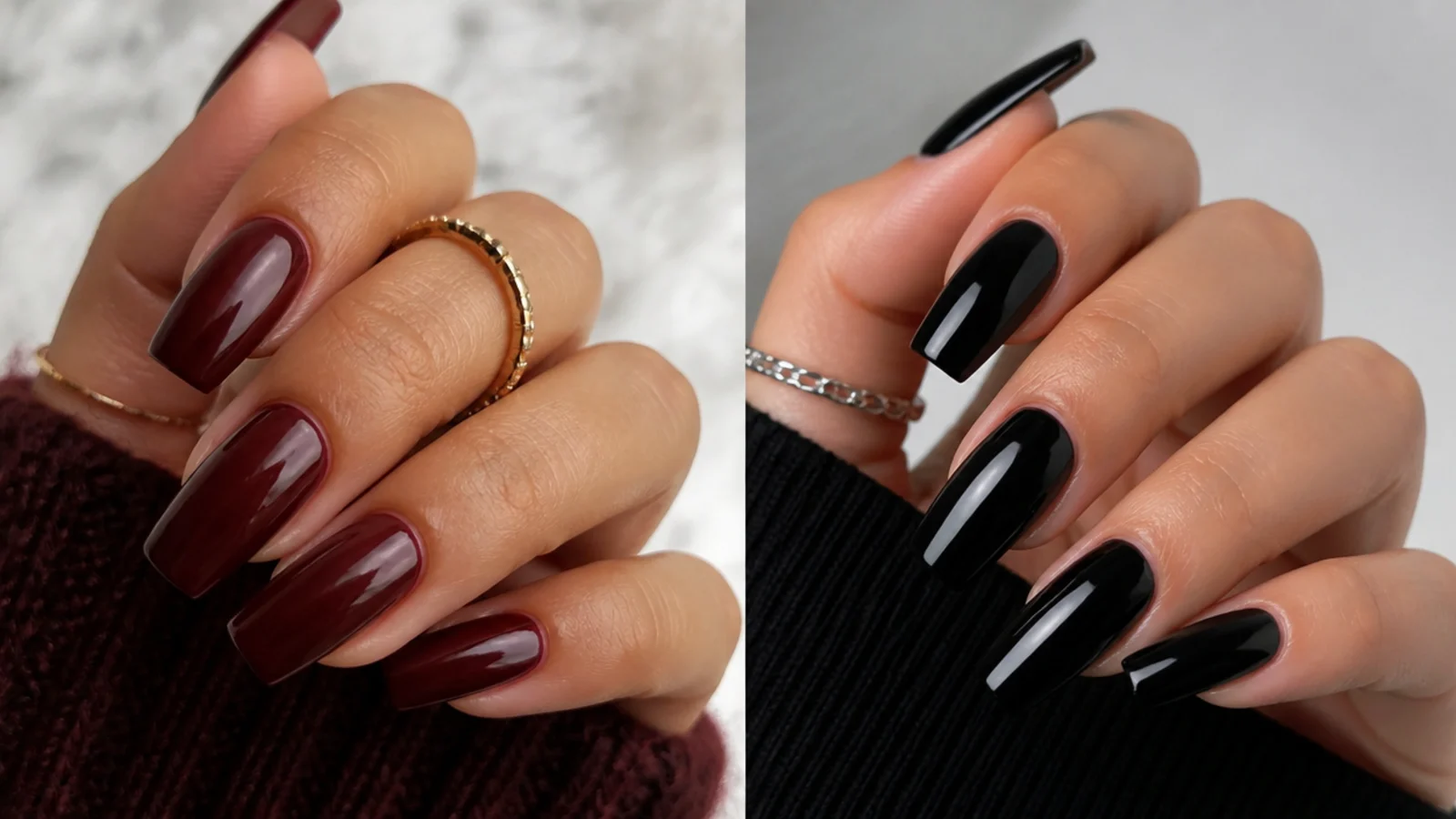 Deep warm-toned dark feminine nails beside a cold goth black for comparison