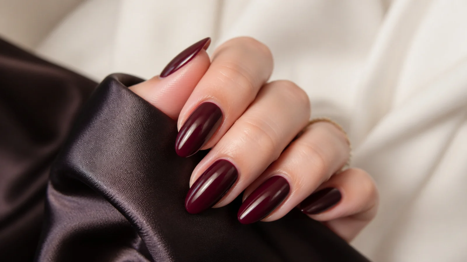 A hand with glossy deep oxblood almond nails resting on dark silk, no face