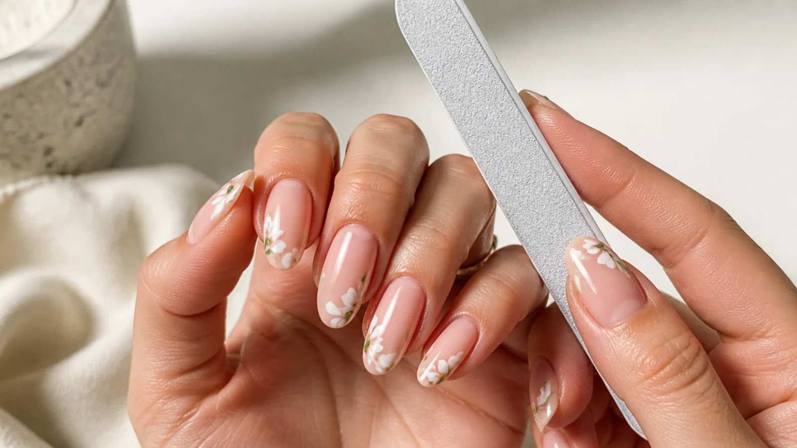 Nails being filed into a long tapered almond shape, hands only