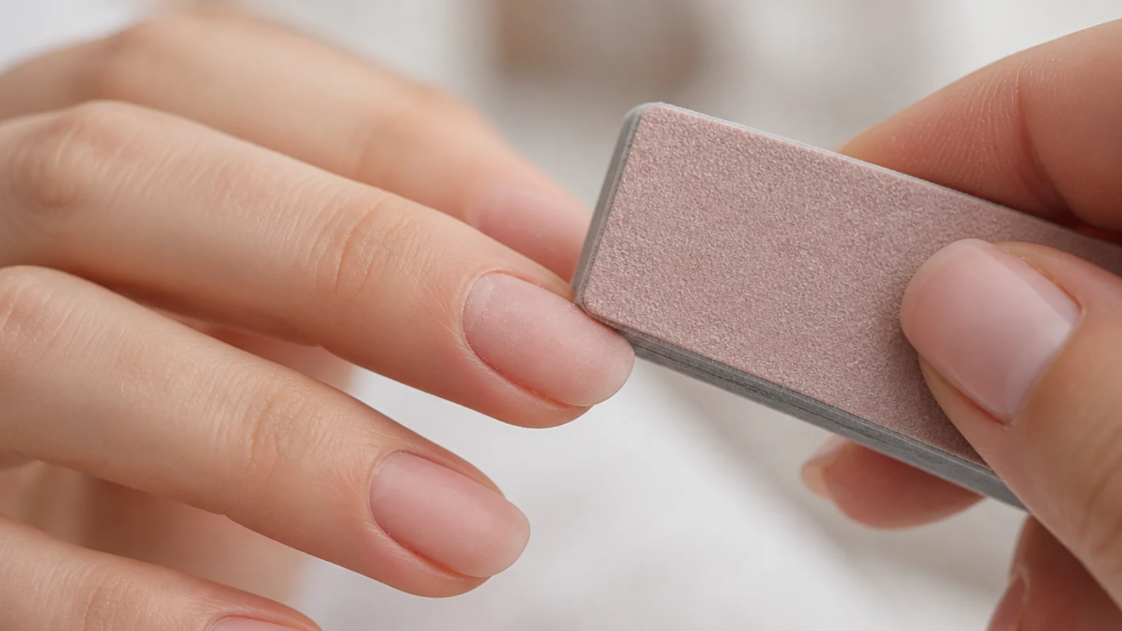 A nail surface being lightly buffed matte before gel, hands only
