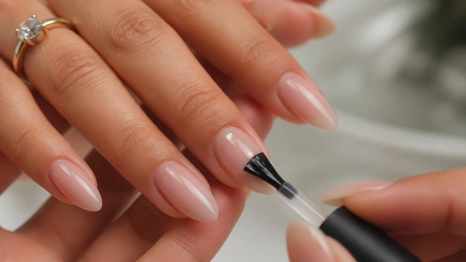 A thin clear gel base coat being brushed onto a prepped almond nail