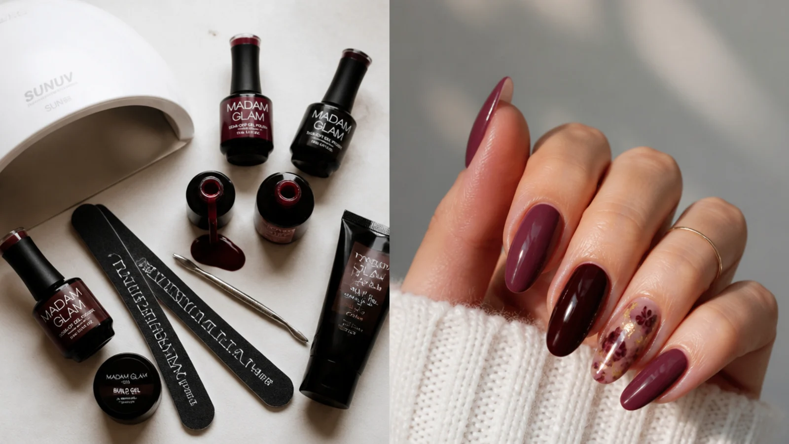 Dark feminine nail supplies laid out - berry and oxblood gels, lamp and files
