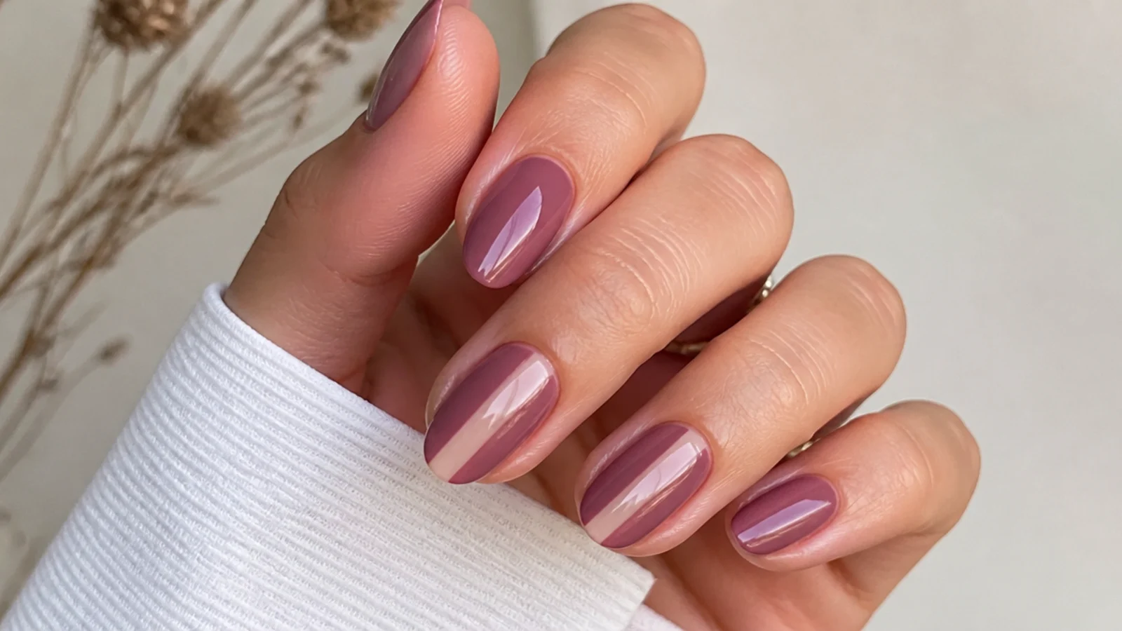 Short almond nails with dusty mauve and a bare negative-space stripe