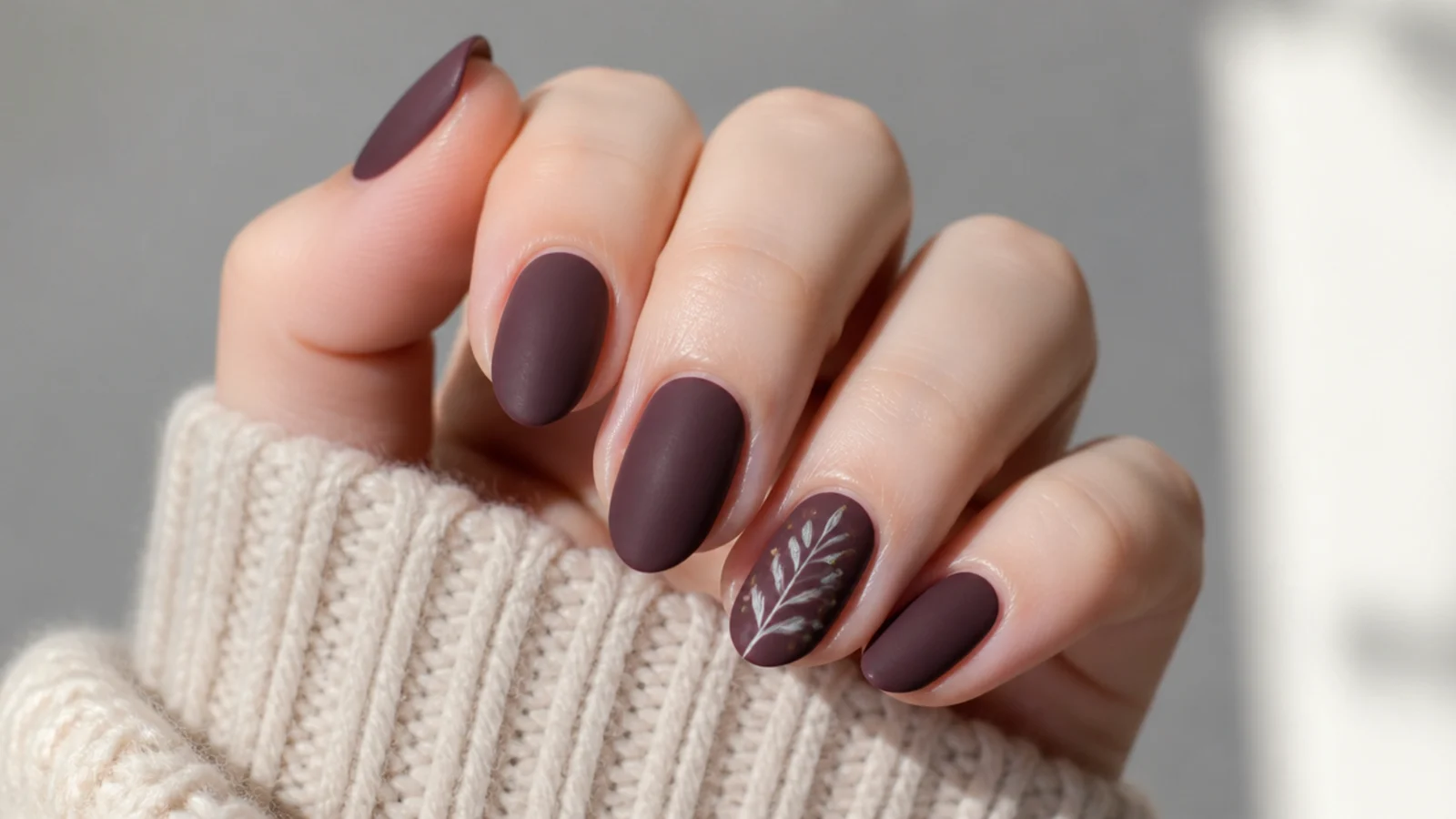 Short almond nails in deep plum with a soft matte finish