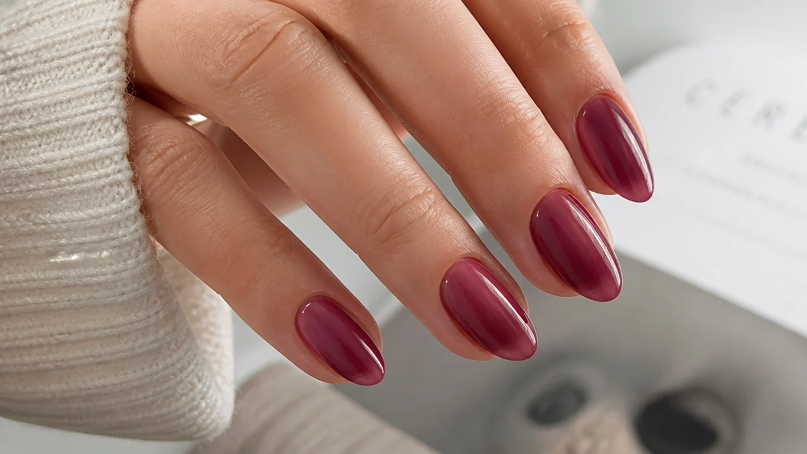 Short almond nails in a translucent sheer berry jelly finish