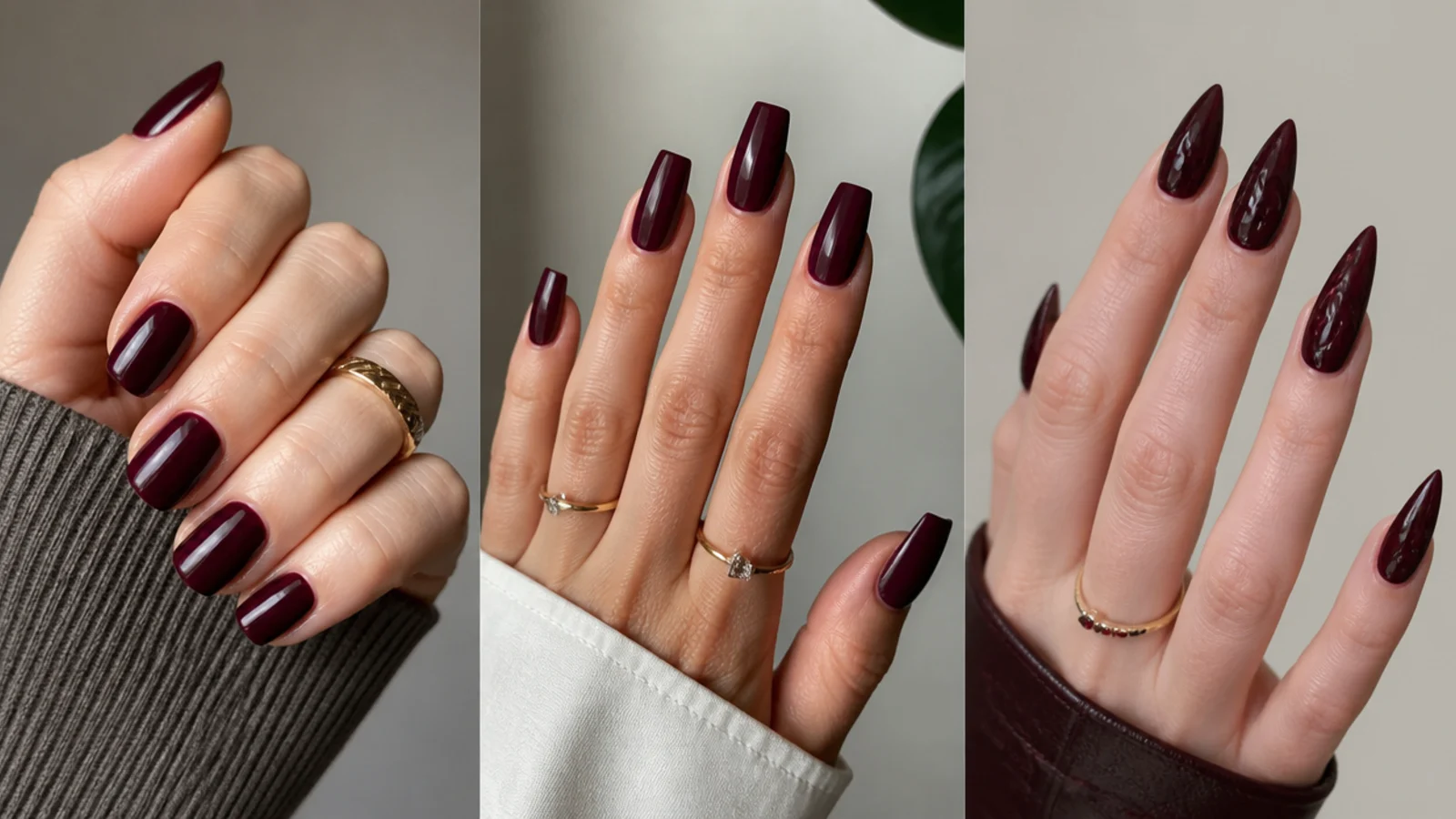 Short almond, coffin and stiletto nail shapes in deep oxblood